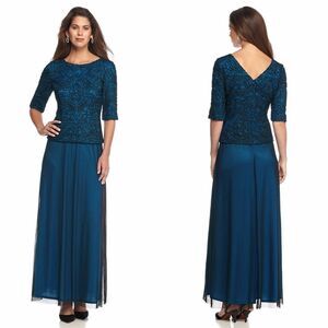New! ALEX EVENINGS Women's Embroidered V-Back Dress Gown Size 10 Black/Royal